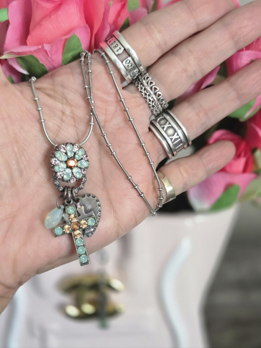 Mariana "Summer Fun" Silver Plated Cross Charms Pendant Crystal Necklace